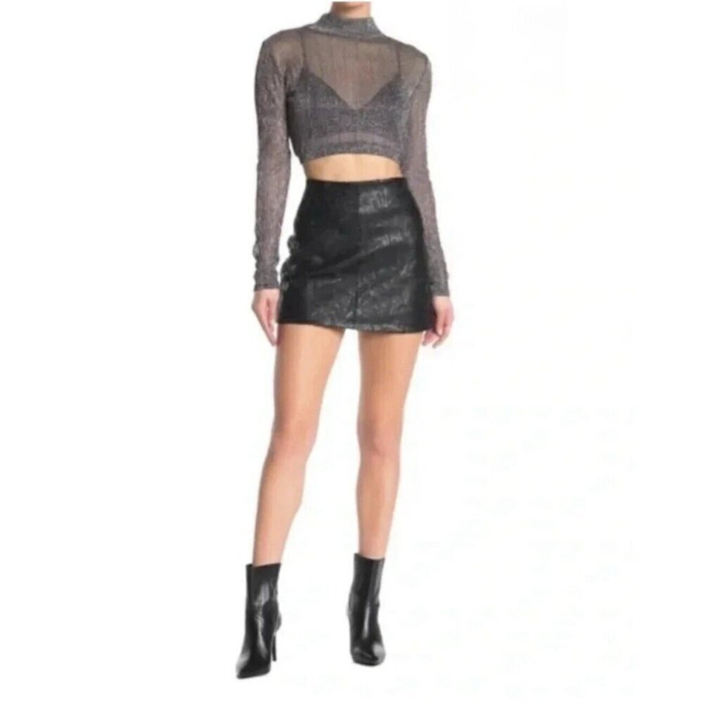 NEW! Blank NYC Vegan Leather Black Sequined Embroidery Detail Mini Skirt SZ 26